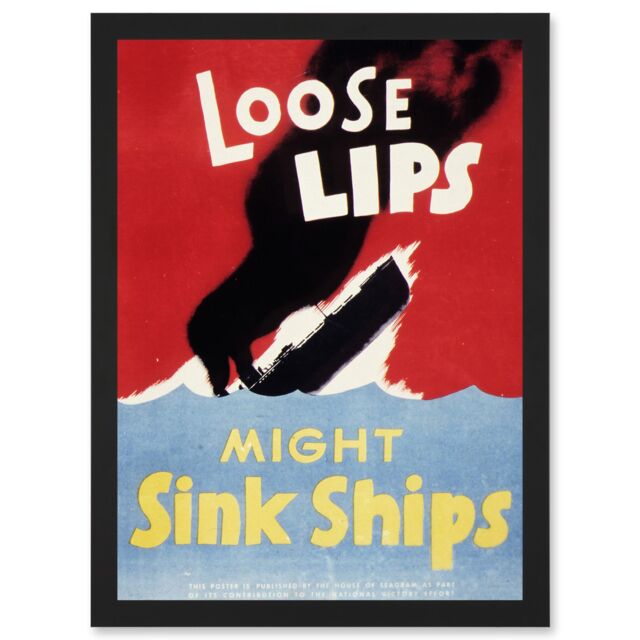 Artery8 War World WW2 USA Loose Lips Sink Ships A4 Artwork Framed Wall Art Print in Black - image 1