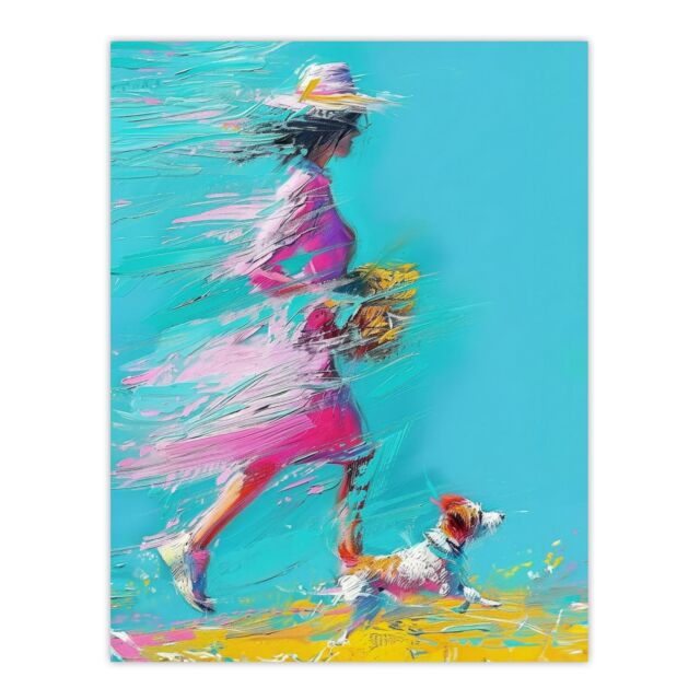 "Artery8 Wall Art Print Woman & Pet Windy Walk Dog Lover Abstract Poster in Blue - Size: W24"" x H32""" - image 1