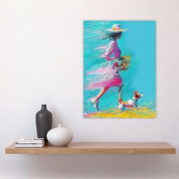 "Artery8 Wall Art Print Woman & Pet Windy Walk Dog Lover Abstract Poster in Blue - Size: W24"" x H32""" - thumbnail 4