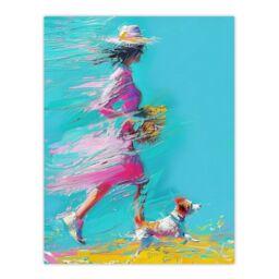 "Artery8 Wall Art Print Woman & Pet Windy Walk Dog Lover Abstract Poster in Blue - Size: W24"" x H32""" - thumbnail 1