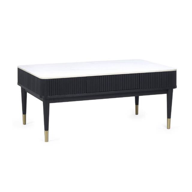 Cheshire Fluted Stone Top Coffee Table With 2 Drawers in White Marble & Black - image 1