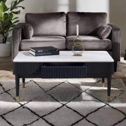 Cheshire Fluted Stone Top Coffee Table With 2 Drawers in White Marble & Black - thumbnail 2