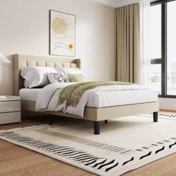 Dprodo Bed Frame with Linen Upholstered Tufted Headboard in Beige - Size: King - thumbnail 4