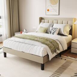 Dprodo Bed Frame with Linen Upholstered Tufted Headboard in Beige - Size: King - thumbnail 1
