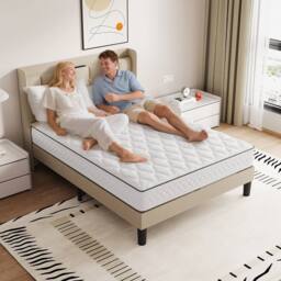 Dprodo Bed Frame with Linen Upholstered Tufted Headboard in Beige - Size: King - thumbnail 5