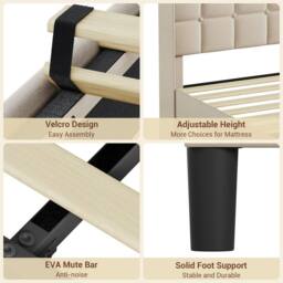 Dprodo Bed Frame with Linen Upholstered Tufted Headboard in Beige - Size: King - thumbnail 7