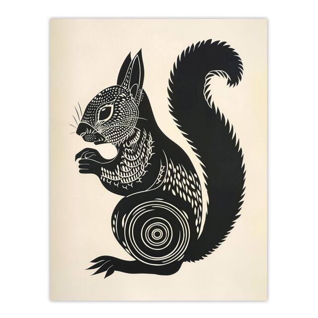 "Artery8 Tribal Squirrel Artwork Black & White Nature Wall Art Print - Size: W18"" x H24""" - image 1