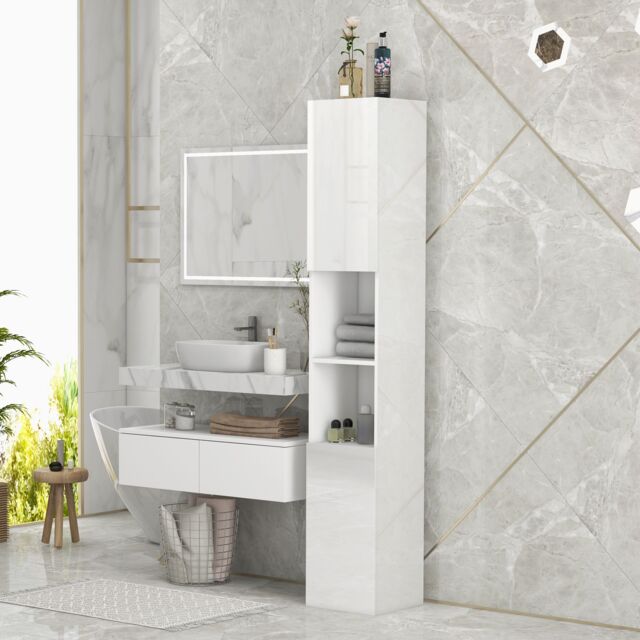 Kleankin Bathroom Floor Cabinet High Gloss Storage Cupboard with Doors in White - image 1