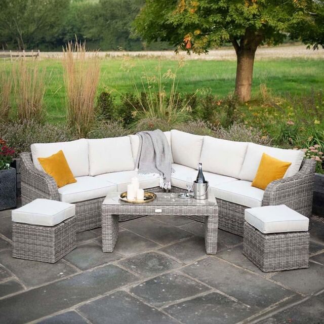 Primrose Living Luxury Rattan 7 Seater Modular Garden Furniture Sofa Set with Coffee Table & Footstools in Stone in Grey - image 1
