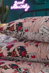 Furn Inked Tattoo Inspired Reversible Duvet Cover Set in Light Pink - Size: Single - thumbnail 4