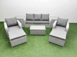 Fimous PE Rattan Garden Furniture Set Reclining Chair Sofa Lounge Sofa Set Oblong Coffee Table 2 Side Table 2 Big Footstool Light Grey - thumbnail 1