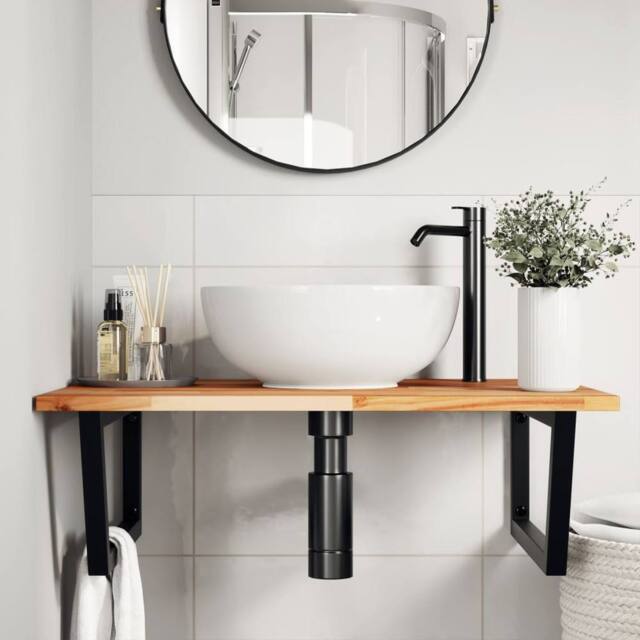 Berkfield Home Elegant Basin Shelf Wall Mounted Steel & Solid Wood Acacia in Brown - image 1