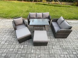 Fimous Rattan Garden Furniture Dining Set 8 seater Patio Rectangular Table 2 Big Footstool Love Sofa Reclining Chair Dark Grey Mixed - thumbnail 1
