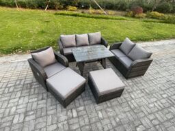 Fimous Rattan Garden Furniture Dining Set 8 seater Patio Rectangular Table 2 Big Footstool Love Sofa Reclining Chair Dark Grey Mixed - thumbnail 2