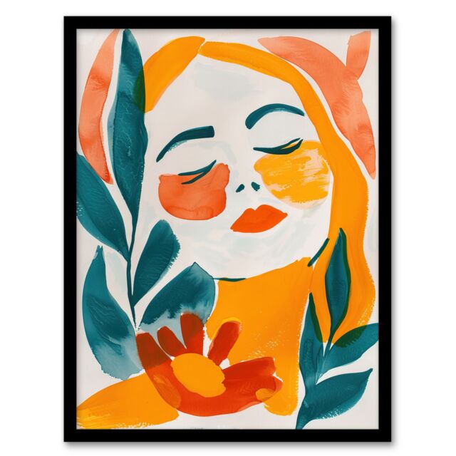 "Artery8 Abstract Floral Female Portrait Orange Teal Boho Framed Art Print - Size: W12"" x H16""" - image 1