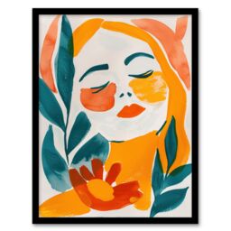 "Artery8 Abstract Floral Female Portrait Orange Teal Boho Framed Art Print - Size: W12"" x H16""" - thumbnail 1