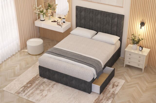 Somnior Alexas Tweed Fabric 2 Drawer Divan Bed Set with Midnight Pocket Sprung Mattress & Headboard in Charcoal - Size: Single - image 1