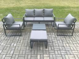 Fimous Aluminium Outdoor Garden Furniture Set Lounge Sofa 2 PC Chairs Square Coffee Table Sets with Big Footstool Dark Grey - thumbnail 1
