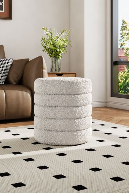 Living and Home Beige Upholstered Round Storage Ottoman for Bedroom Living Room and Makeup Room - image 1