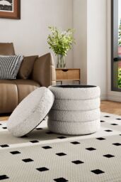 Living and Home Beige Upholstered Round Storage Ottoman for Bedroom Living Room and Makeup Room - thumbnail 2