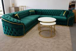 Stratus Interiors Ambassador Chesterfield Velvet Sofa with Gold Trim Frill Design in Green