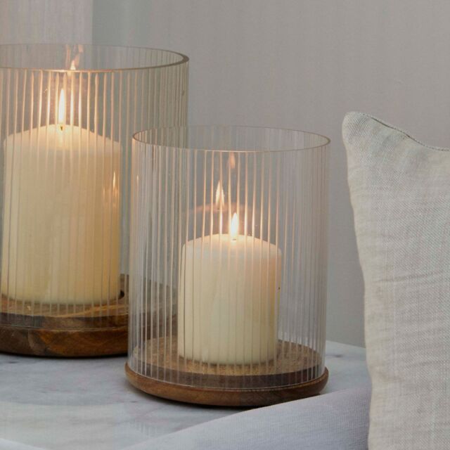 Ivyline Amelia Ribbed Glass Wooden Candle Holder H19.5cm D16cm -Premium quality -Best seller - Also available in H23cm W20cm in Natural - image 1