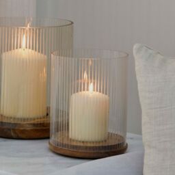 Ivyline Amelia Ribbed Glass Wooden Candle Holder H19.5cm D16cm -Premium quality -Best seller - Also available in H23cm W20cm in Natural - thumbnail 1