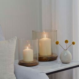 Ivyline Amelia Ribbed Glass Wooden Candle Holder H19.5cm D16cm -Premium quality -Best seller - Also available in H23cm W20cm in Natural - thumbnail 6