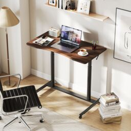 Costway Mobile Standing Desk C-Shaped Sit Stand Desk w/Adjustable Height in Brown - thumbnail 6
