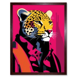 "Artery8 Wall Art Print Strong Leopard in Suit Bold Artwork Orange Pop Art Hot Pink Vibrant Portrait Art Framed in Brown - Size: W12"" x H16""" - thumbnail 1