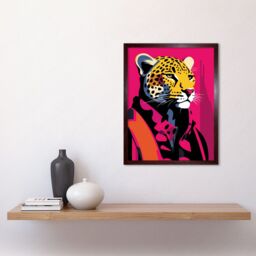 "Artery8 Wall Art Print Strong Leopard in Suit Bold Artwork Orange Pop Art Hot Pink Vibrant Portrait Art Framed in Brown - Size: W12"" x H16""" - thumbnail 2