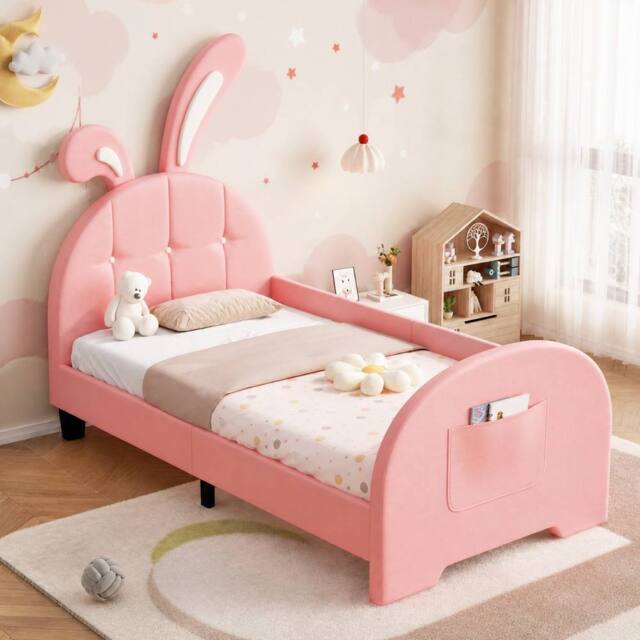 STILVORA Bed Frame 3ft Single upholstered in Pink - Size: Junior - image 1