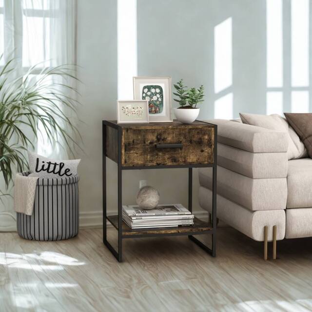 FURNOS Industrial Bedside Table Nightstand With Drawer & Shelf in Brown - image 1