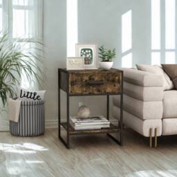 FURNOS Industrial Bedside Table Nightstand With Drawer & Shelf in Brown - thumbnail 1