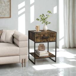 FURNOS Industrial Bedside Table Nightstand With Drawer & Shelf in Brown - thumbnail 4