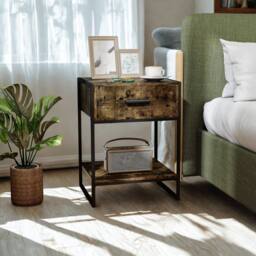 FURNOS Industrial Bedside Table Nightstand With Drawer & Shelf in Brown - thumbnail 2