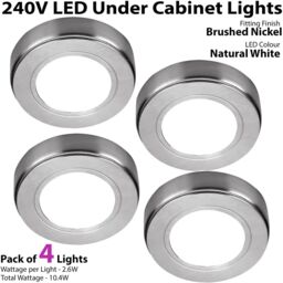 Loops 4x BRUSHED NICKEL Round Surface or Flush Under Cabinet Kitchen Light Kit - 240V Mains Powered - Natural White LED in Metallics - thumbnail 2