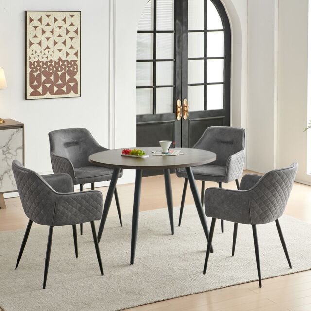 SONARA Dark Walnut Round Dining Table with 4 Faux Suede Dining Chairs Set in Grey - image 1