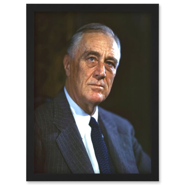 Artery8 US President Franklin D Roosevelt Portrait Photo Artwork Framed Wall Art Print A4 in Black - image 1