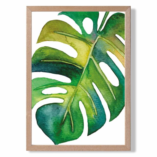 ARTZE Monstera Abstract Watercolour Botanical Framed Print SIZE: A3 with Oak Frame in Green - Size: A4 - image 1