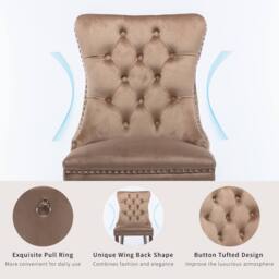 Modern Home Touch Romsey Set of 4 Velvet Upholstered Dining Chairs with Oak Legs & Knocker Ring Back in Brown - Size: 4 Pack - thumbnail 6