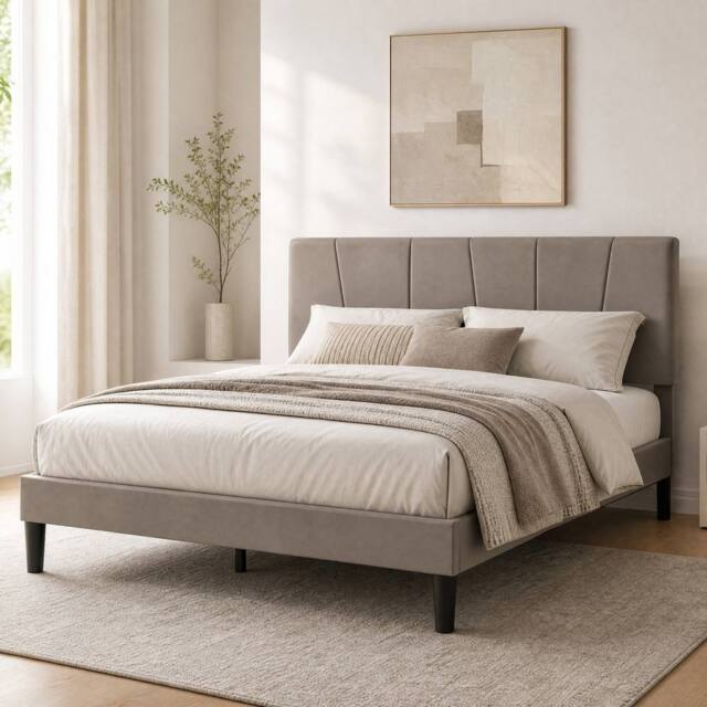 STILVORA Bed Frame 4ft6 Double with upholstered grey fabric - image 1