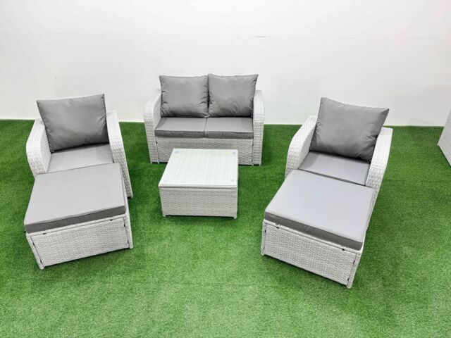 Fimous Light Grey PE Wicker Rattan Garden Furniture Set Sofa Set Reclining Adjustable Chair Square Coffee Table 6 Seater 2 Big Stools - image 1