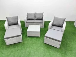 Fimous Light Grey PE Wicker Rattan Garden Furniture Set Sofa Set Reclining Adjustable Chair Square Coffee Table 6 Seater 2 Big Stools - thumbnail 2
