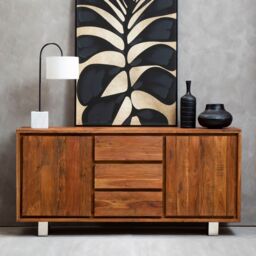 Orsina Acacia Two‑Door Sideboard, Solid Acacia Wood Cabinet with 3‑Drawer & 2‑Door Storage, Sleek Metal‑Legs in Brown - thumbnail 1
