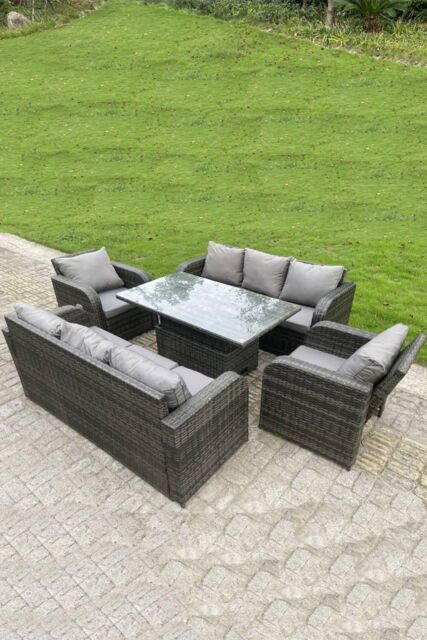 Fimous Outdoor Rattan Sofa Set Lounge Dining Table Height Adjustable Lifting Table Reclining Chairs in Dark Grey - image 1