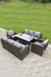 Fimous Outdoor Rattan Sofa Set Lounge Dining Table Height Adjustable Lifting Table Reclining Chairs in Dark Grey - thumbnail 1