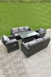 Fimous Outdoor Rattan Sofa Set Lounge Dining Table Height Adjustable Lifting Table Reclining Chairs in Dark Grey - thumbnail 2