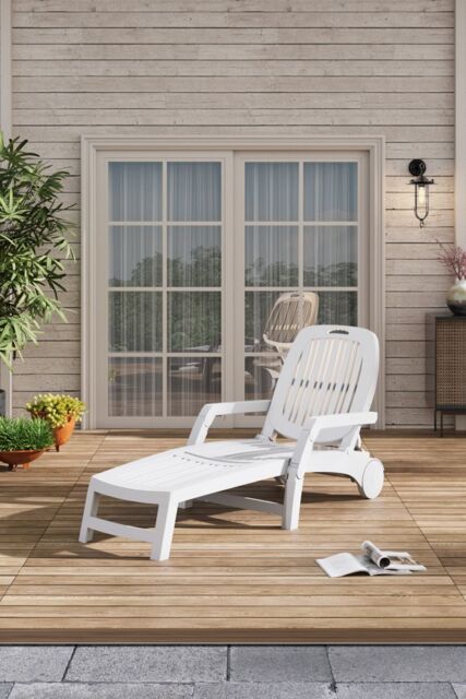 H&O Direct Foldable Outdoor Lounge Chair Recliner with Wheels in White - image 1