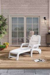 H&O Direct Foldable Outdoor Lounge Chair Recliner with Wheels in White - thumbnail 1